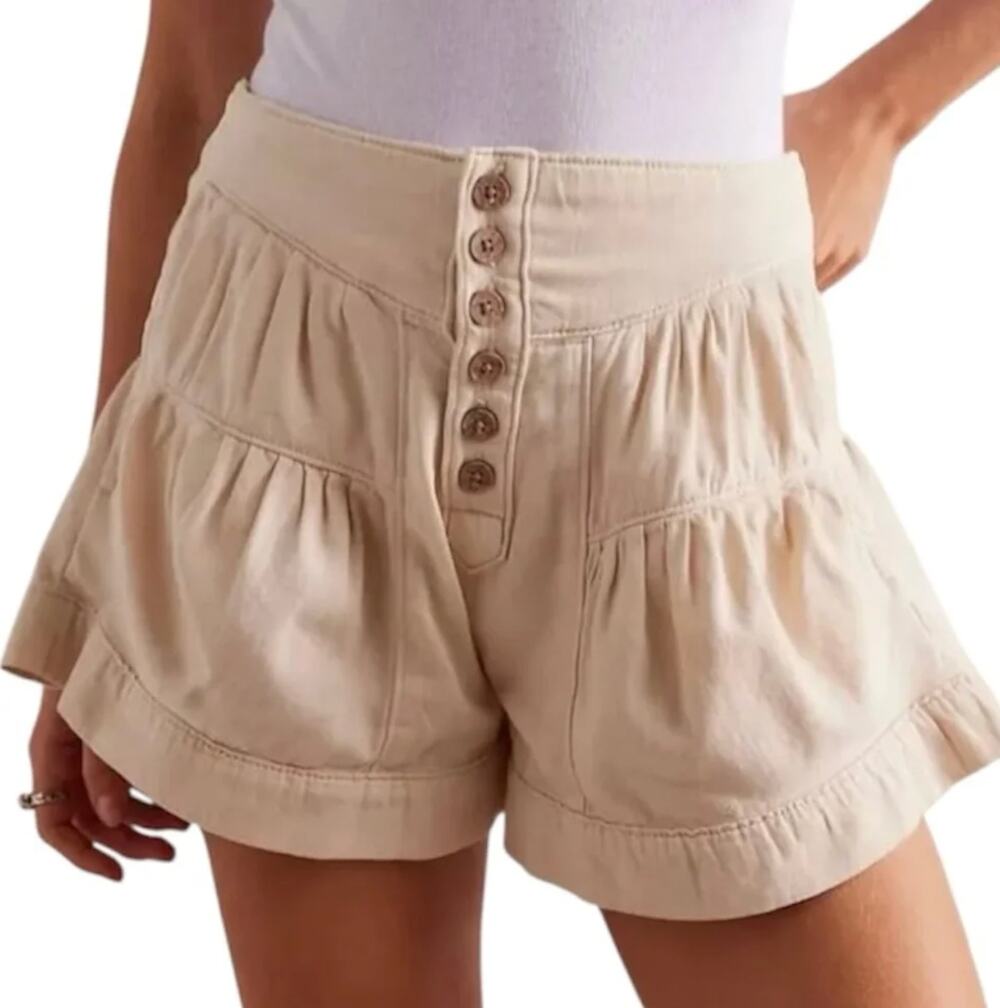 Free People We The Free Fleur Denim Shorts Ecru High Rise Tiered Boho NWOT M